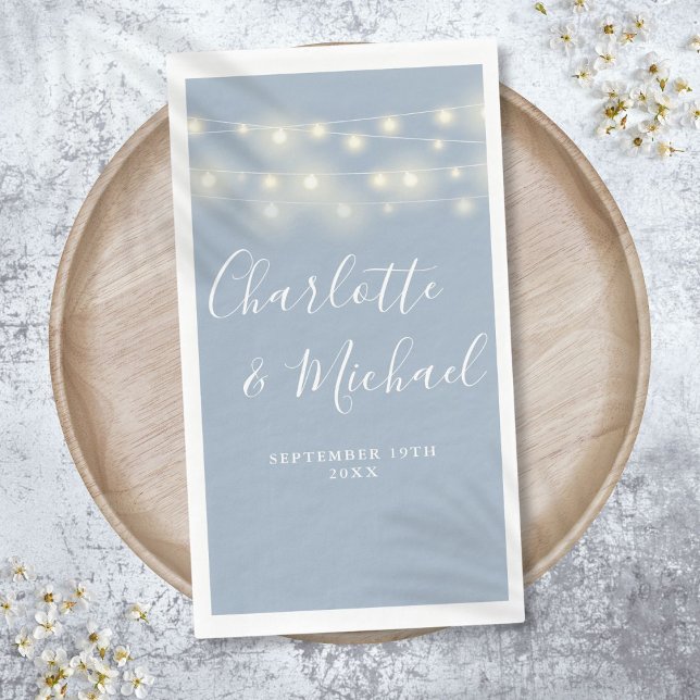 String Lights Dusty Blue Signature Script Wedding Paper Guest Towels (String Lights Dusty Blue Signature Script Wedding Paper Guest Towels)