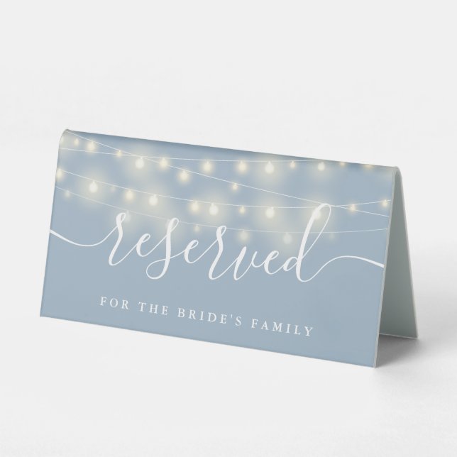 String Lights Dusty Blue Wedding Reserved Table Tent (Front)