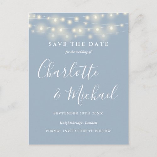 String Lights Dusty Blue Wedding Save the Date Postcard