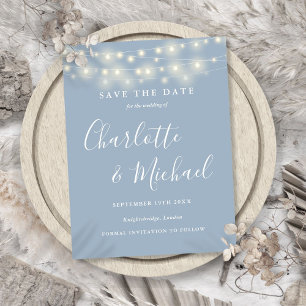 String Lights Dusty Blue Wedding Save the Date Postcard