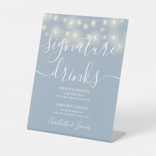 String Lights Dusty Blue Wedding Signature Drinks Pedestal Sign