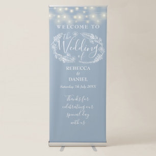 String Lights Dusty Blue Wedding Welcome Retractable Banner