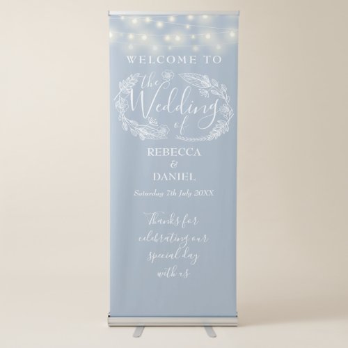 String Lights Dusty Blue Wedding Welcome Retractable Banner