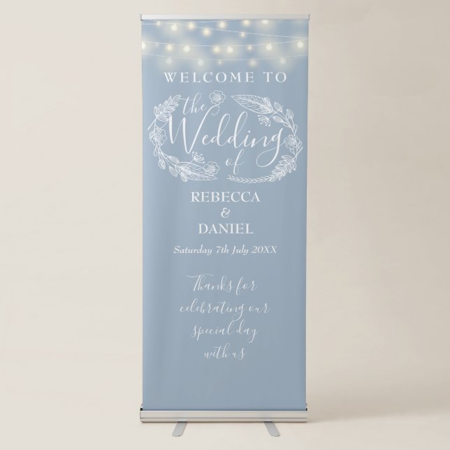 String Lights Dusty Blue Wedding Welcome Retractable Banner (Front)
