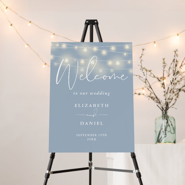 String Lights Dusty Blue Wedding Welcome Sign (In Situ (Stand))