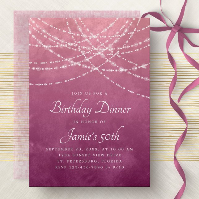 String Lights Dusty Rose Pink Birthday Dinner Invitation (Creator Uploaded)