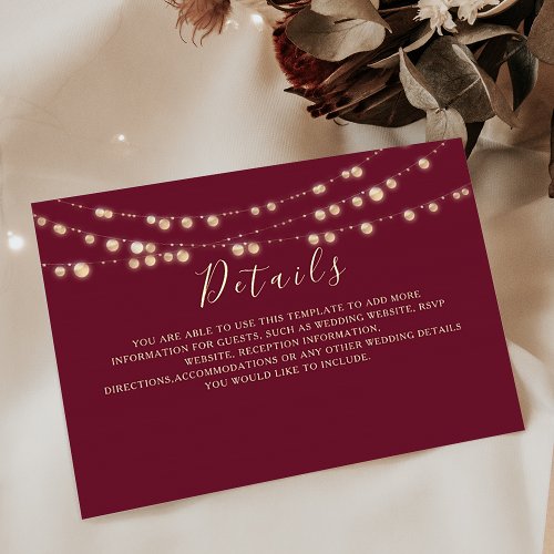 String Lights Elegant Burgundy Wedding Details Enclosure Card