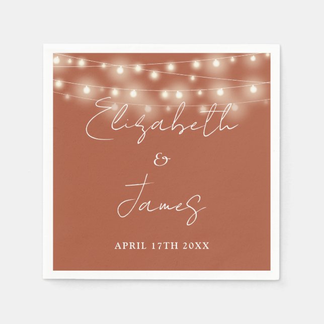 String Lights Elegant Script Terracotta Wedding Napkins (Front)