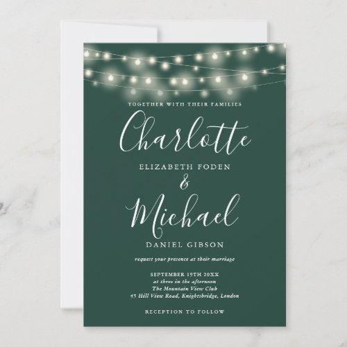 String Lights Emerald Elegant Script Wedding  Invitation