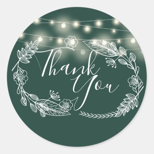 String Lights Emerald Green Floral Thank You Classic Round Sticker