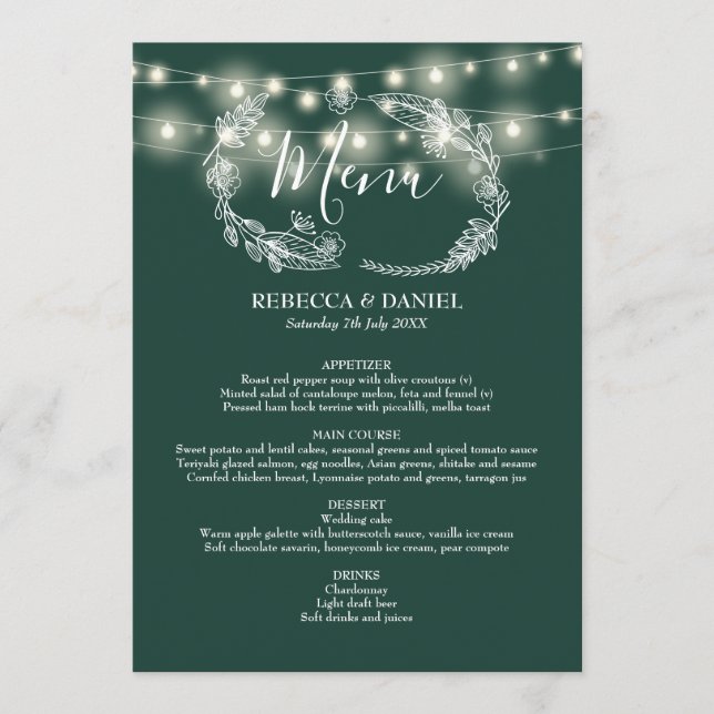String Lights Emerald Green Floral Wedding Menu (Front)