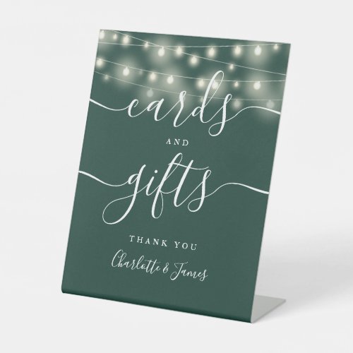 String Lights Emerald Green Script Cards And Gifts Pedestal Sign