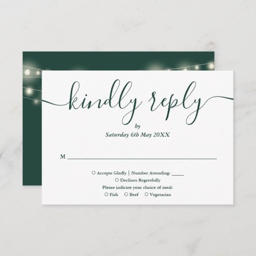 String Lights Emerald Green Script Meal Choice RSVP Card