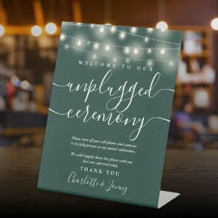 String Lights Emerald Green Unplugged Ceremony Pedestal Sign