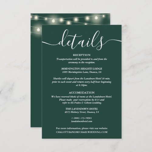 String Lights Emerald Green Wedding Details Enclosure Card