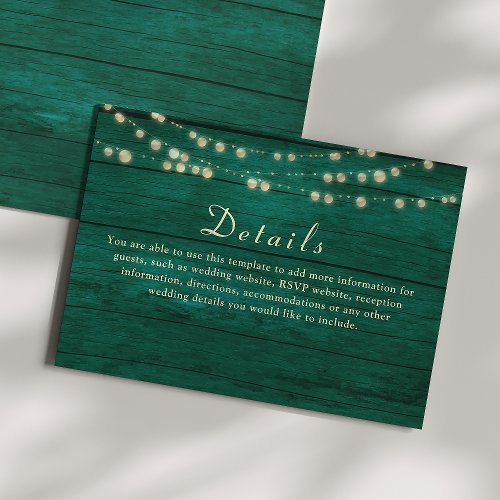 String Lights Emerald Green Wedding Details Enclosure Card