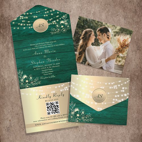 String Lights Emerald Green Wedding QR Code All In One Invitation
