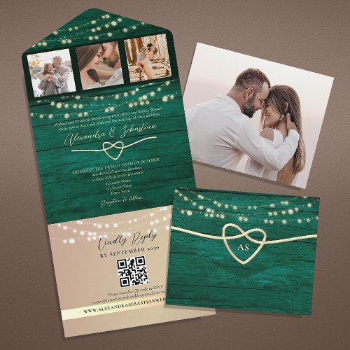 String Lights Emerald Green Wedding QR Code All In One Invitation