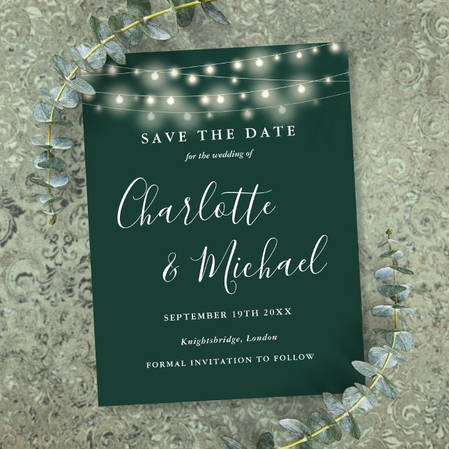 String Lights Emerald Green Wedding Save the Date Postcard (String Lights Emerald Green Wedding Save the Date Postcard)