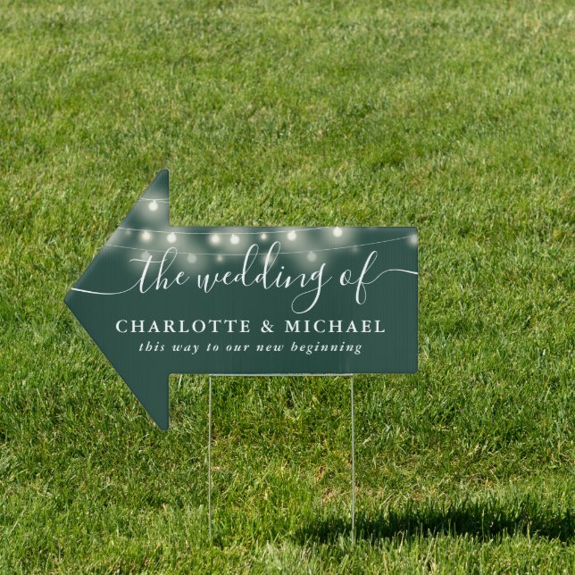 String Lights Emerald Green Wedding This Way Arrow Sign (Insitu)