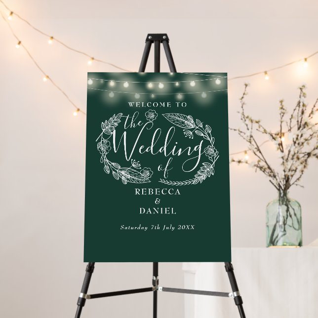 String Lights Emerald Green Wedding Welcome Sign (In Situ (Stand))