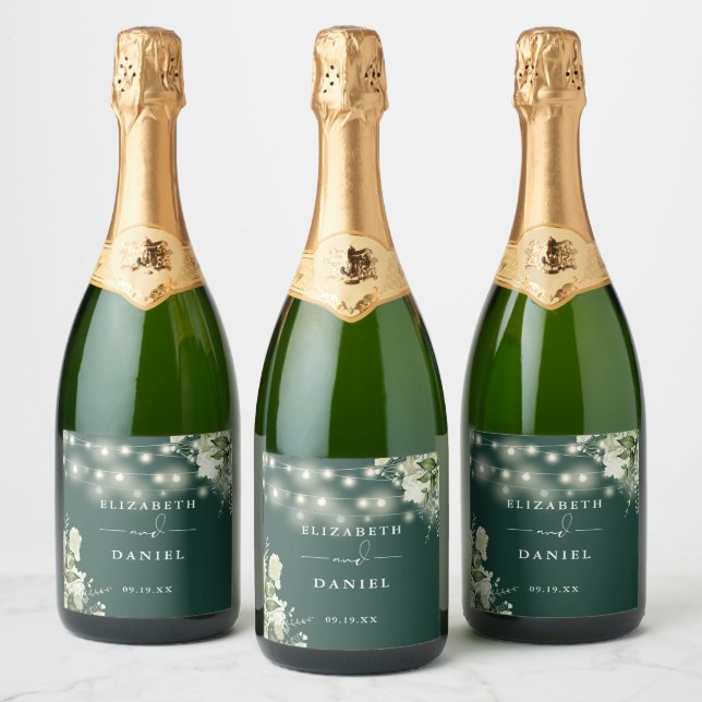 String Lights Emerald Greenery Floral Wedding Sparkling Wine Label (Bottles)