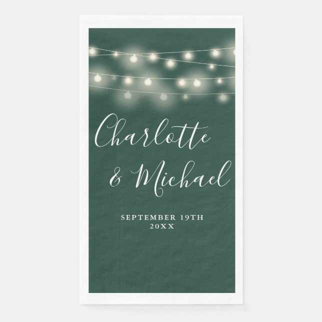 String Lights Emerald Signature Script Wedding Paper Guest Towels (Front)