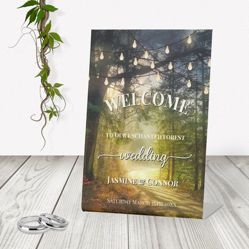 String Lights Enchanted Forest Wedding Welcome Pedestal Sign