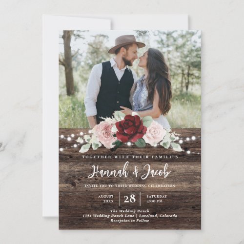 String Lights Eucalyptus  Burgundy Floral Wedding Invitation