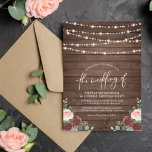 String Lights Eucalyptus & Burgundy Floral Wedding Invitation<br><div class="desc">An elegant collection with beautiful floral bouquets, rustic wood, and string lights paired with a modern calligraphy script and a classy serif font for spring, summer, or fall weddings. This design features a bouquet of blush pink and burgundy roses and peonies, with watercolor eucalyptus greenery over a rustic wood background....</div>
