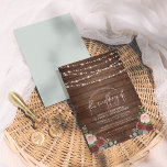 String Lights Eucalyptus & Burgundy Floral Wedding Invitation<br><div class="desc">An elegant collection with beautiful floral bouquets, rustic wood, and string lights paired with a modern calligraphy script and a classy serif font for spring, summer, or fall weddings. This design features a bouquet of blush pink and burgundy roses and peonies, with watercolor eucalyptus greenery over a rustic wood background....</div>