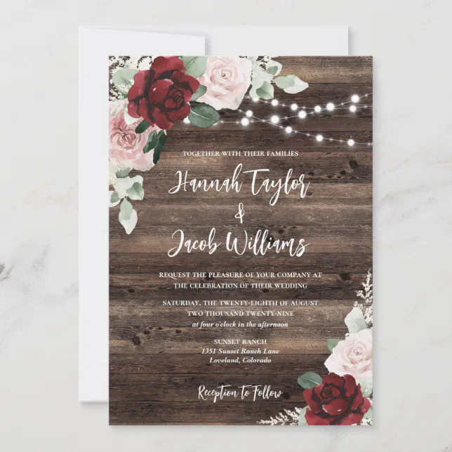 String Lights Eucalyptus & Burgundy Rustic Wedding Invitation | Zazzle