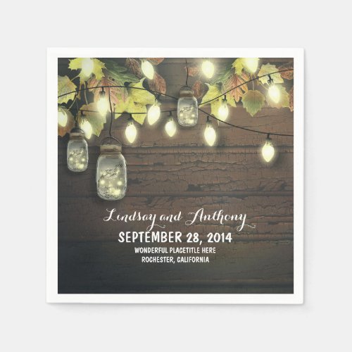 String lights fall mason jars rustic wedding paper napkins - beautiful country rustic faux wood paper napkins with fireflies mason jars hanging on the string lights. Super perfect wedding paper napkins for your fall wedding theme.