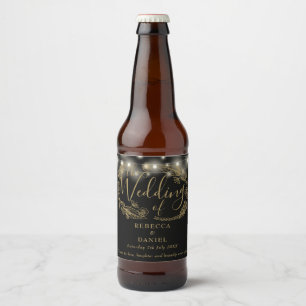 String Lights Floral Black And Gold Wedding Beer Bottle Label