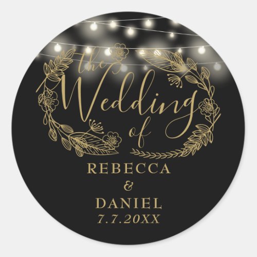 String Lights Floral Black And Gold Wedding Classic Round Sticker