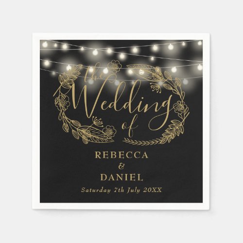 String Lights Floral Black And Gold Wedding Napkins