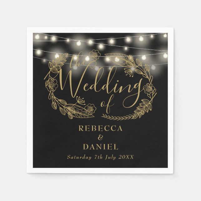 String Lights Floral Black And Gold Wedding Napkins (Front)
