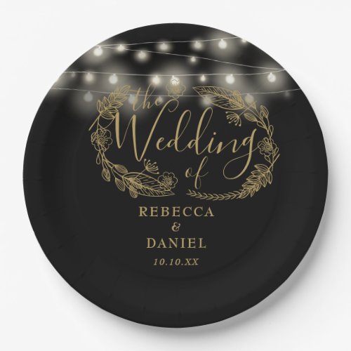 String Lights Floral Black And Gold Wedding Paper Plates