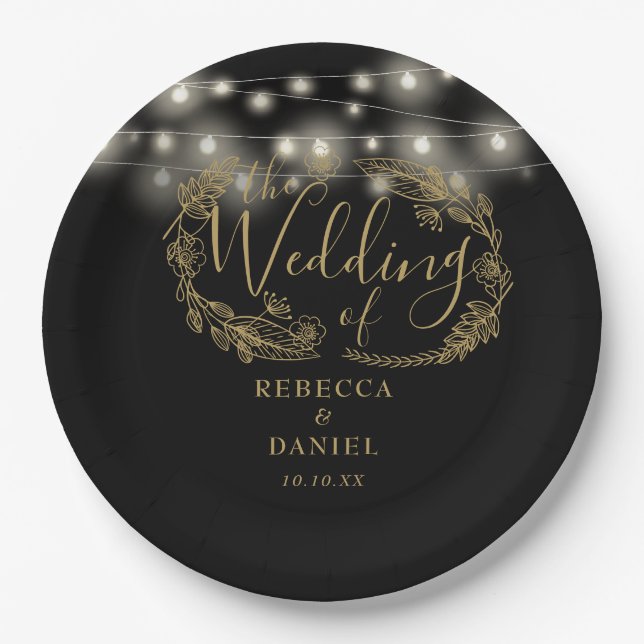 String Lights Floral Black And Gold Wedding Paper Plates (Front)