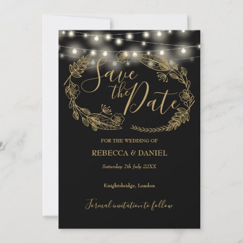 String Lights Floral Black And Gold Wedding Save The Date