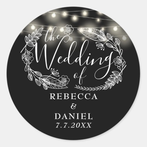 String Lights Floral Black And White Wedding Classic Round Sticker