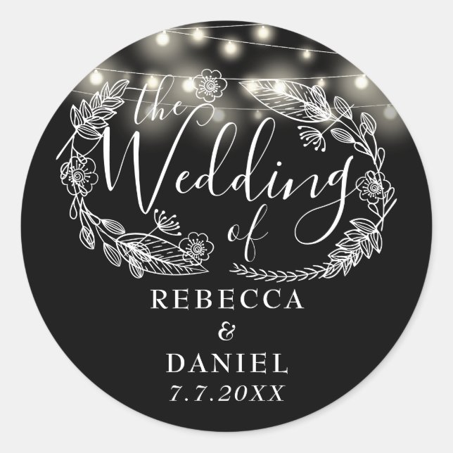 String Lights Floral Black And White Wedding Classic Round Sticker (Front)