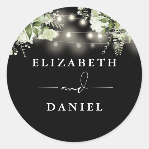 String Lights Floral Black And White Wedding Favor Classic Round Sticker