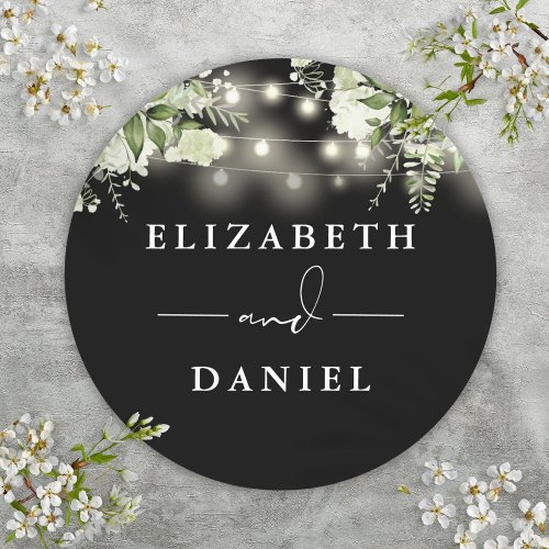 String Lights Floral Black And White Wedding Favor Classic Round Sticker