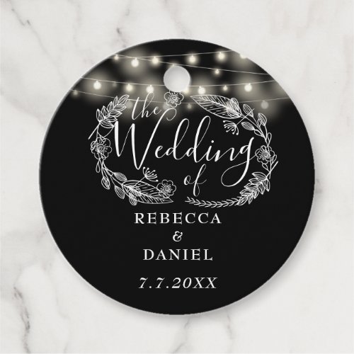 String Lights Floral Black And White Wedding Favor Tags