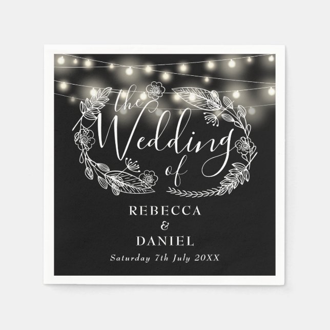 String Lights Floral Black And White Wedding Napkins (Front)