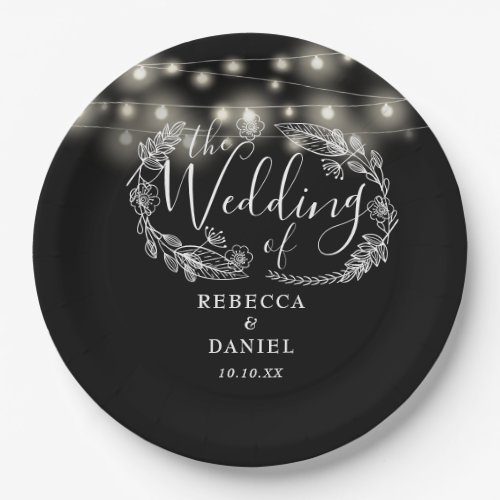 String Lights Floral Black And White Wedding Paper Plates