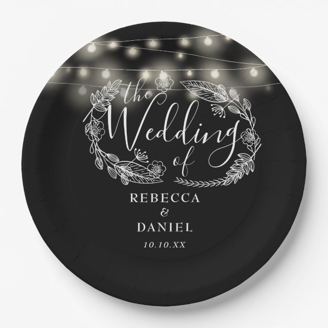 String Lights Floral Black And White Wedding Paper Plates (Front)