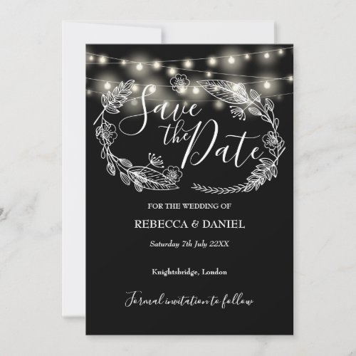 String Lights Floral Black And White Wedding Save The Date