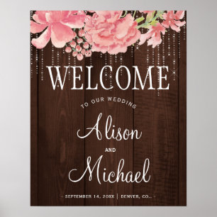 String lights floral blush wedding welcome sign